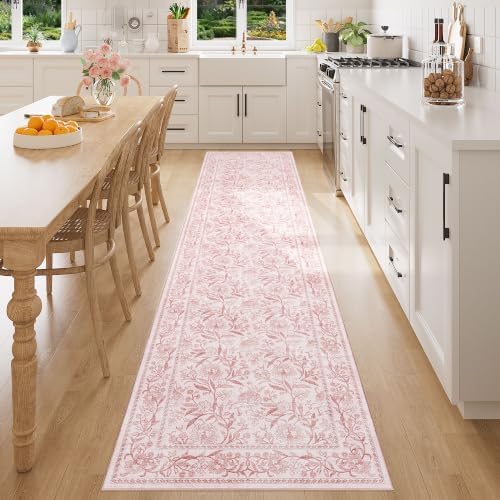 DUKINO 2x8 Runner Rug, Washable Vintage Floral Kitchen Rugs, Light Pink by DUKINO