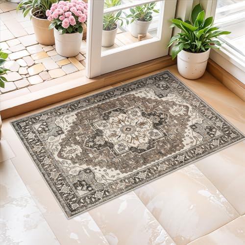 Washable Entryway Area Rug 2x3 - Small Entrance Rug Vintage Distressed Mat Oriental Non-Slip Non-Shedding Carpet Soft Thin Stain Resistant Indoor Floor Doormat for Bedroom Bathroom Kitchen (Beige,2x3) - Image 2