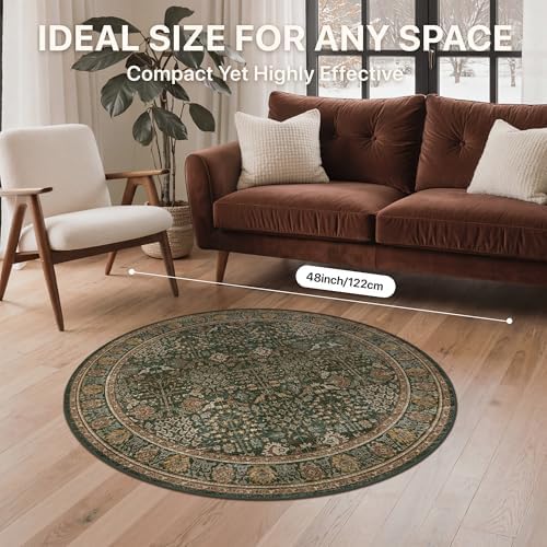 Bavni 4ft Round Area Rug 4x4, Washable Non Slip, Dark Green Brown - Image 3