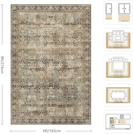 6x9 Area Rugs - Washable Vintage Retro Living Room Rug, Soft Ultra Thin Non Slip Low Pile Traditional Distressed Boho Carpet for Bedroom Dining Room Nursery Home Office, Charcoal Olive - Image 2