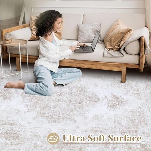 XLUEZ Area Rug 10x12 Living Room Rug, Machine Washable Vintage Distressed Medallion Rug Non-Slip Soft Low Pile Large Indoor Rugs for Bedroom Kitchen Dining Room Office(Beige,10'x12') - Image 4