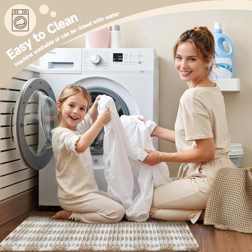 TYUU Waffle Bath Mat, Boho Bathroom Rugs Non Slip, 48x24 Khaki & White - Image 5