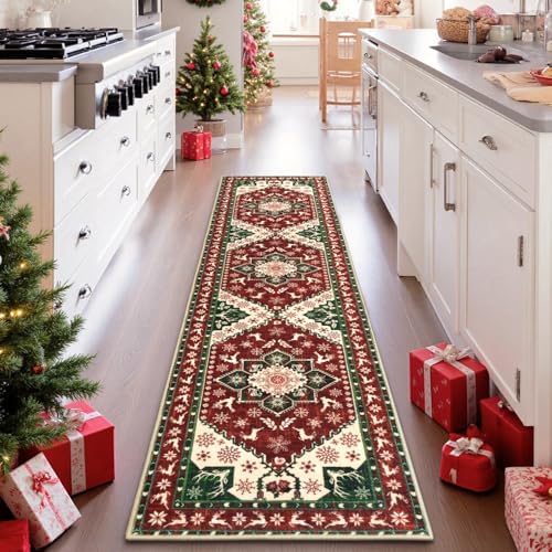 Yamaziot Christmas Washable Runner Rug, 2x8 Non-Slip Hallway Runner with Rubber Backing, Low Pile Faux Wool Carpet Runner Holiday Decor Xmas Rug for Bedroom, Kitchen, Laundry, Entrance by Yamaziot