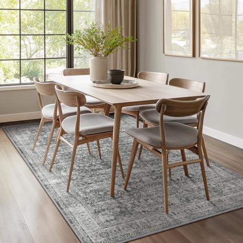 Washable Gray 5x8 Area Rugs, Neutral Vintage Grey and Ivory Carpet for Living Room Bedroom, Low Pile Thin Rug with Non Slip Rubber Backing for Dining Room Home Office - Image 3