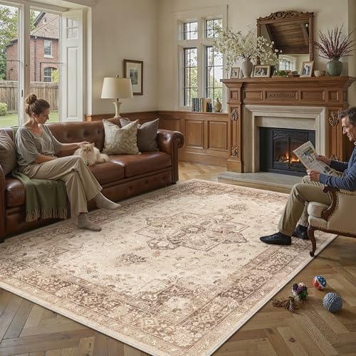 PureCozy Brown 6x9 Washable Area Rug Living Room Vintage Oriental Carpet by PureCozy