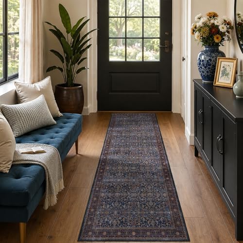 Washable Hallway Runner Rug 2'x6', Vintage Old Money, Dark Blue by Jainmy