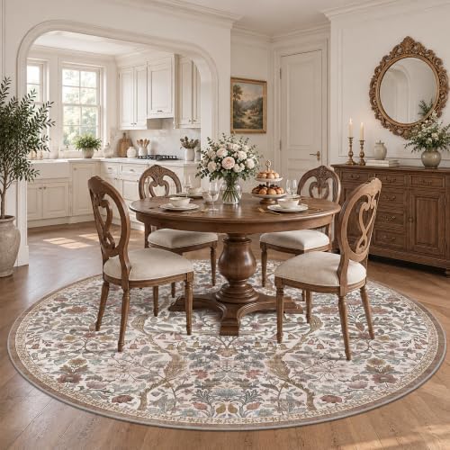 Round Rug 6ft Floral Circle Rug Khaki Botanical Indoor Area Rug - Image 3