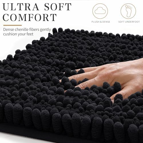 Yimobra Bathroom Rugs Non Slip Washable - Ultra Soft Absorbent Chenille Bath Mat, Quick Dry Shaggy Floor Carpet for Tub Shower, Black Home Decor Accessories, 24x17 Inch - Image 4