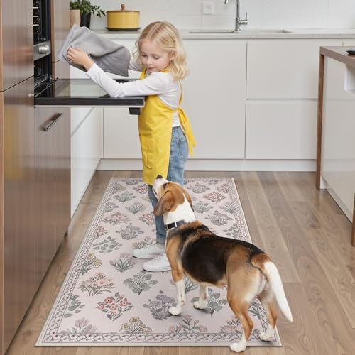 Wonnitar Floral 3x5 Washable Rug, Ultra-Thin Pink Small Rugs for Bedroom, Soft Ultra-Thin Non Slip Entryway Indoor Decor Carpet for Bedside Decor Office Girls Room Dorm, Pale Pink - Image 3
