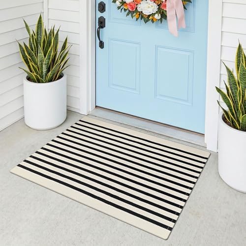 KOZYFLY Beige and Black Striped Rug 2x3 ft Front Door Mat Woven Cotton Rug by KOZYFLY