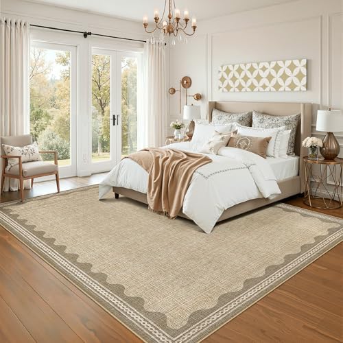 GarveeHome Scalloped Washable 8x10 Rug for Living Room Non-Slip Solid Tan Jute Digital Printing Modern Low-Pile Carpet 8 x 10 Rug for Bedroom Dining Nursery Mat with Rubber Back - Image 3