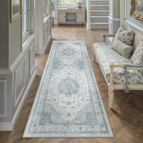 PureCozy Blue 2.6x8 Washable Runner Rug Hallway Vintage Oriental Carpet by PureCozy