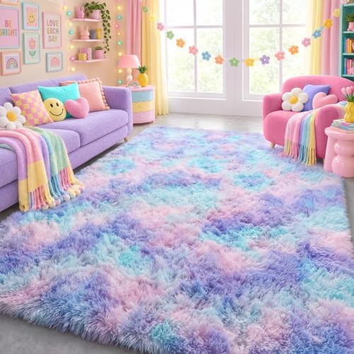 Purple Rainbow Area Rugs for Girls Bedroom Living Room, Fluffy 4x6 Kids Rug by ONASAR