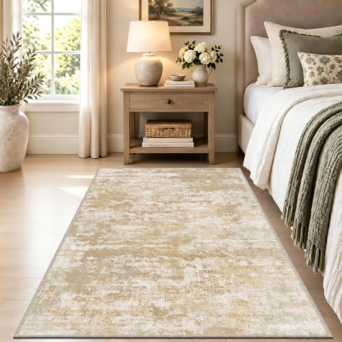 3x5 Area Rug Washable Entryway Rug Non Slip Abstract Tear and Stain Resistance No Pile Lightweight Throw Rugs Carpet for Kitchen, Entrance, Foyer, Bedside, Mudroom, Beige/Yellow - Image 3