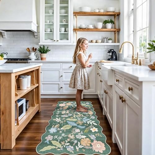 3x6 Washable Floral Runner Rug: Scalloped Carpet Runner for Hallway Green - Image 2