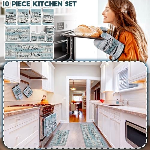 Fourluoo 10 Pcs Blue Color Kitchen Towels Oven Mitts Pot Holders Rugs Set - Image 2