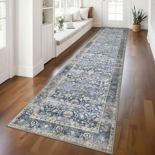 KUTA Vintage Washable Long Runners for Hallways 2.6x12 Blue Grey Beige by KUTA