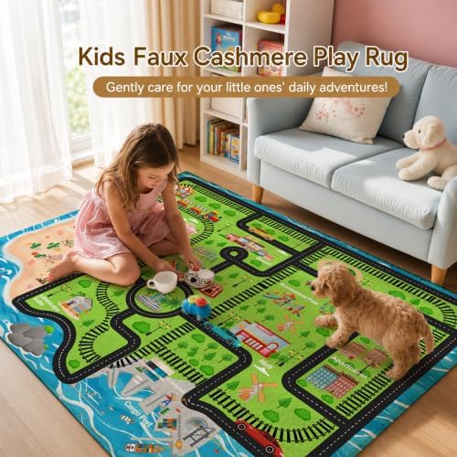 Nayoroom Kids Island Train Map Rug, Faux Wool Track Map, Non-Slip, 5 x 7 ft - Image 4