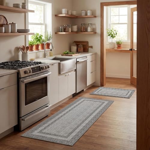 Artoid Mode Grey Rectangle Plaid Kitchen Mats Set of 2-17x29 + 17x47 - Image 2