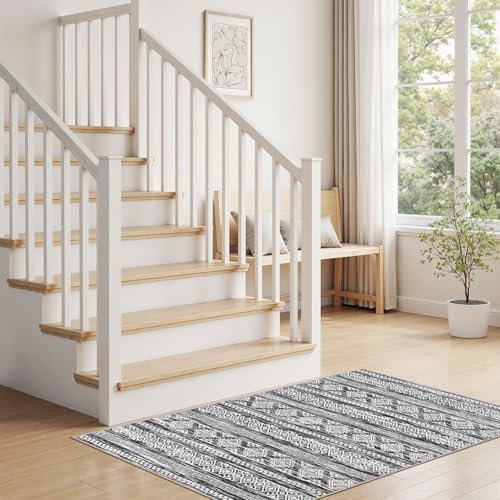 Tortania Area Rug Living Room Rugs - 2x3 Washable Soft Neutral Boho Moroccan Farmhouse Mat Indoor Floor Carpet for Bedroom Hallway Entryway Kitchen Home Office Decor - Black White - Image 4