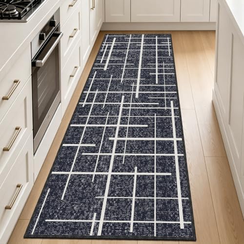 Modern Kitchen Runner Rug Non Slip 2.6x8, Washable Distressed Stripe, Hallway Runner, Woven Thin Low Pile Carpet Runners for Hallway 8ft Entryway, Kitchen, Walkway- Midnight Black by TTelephant