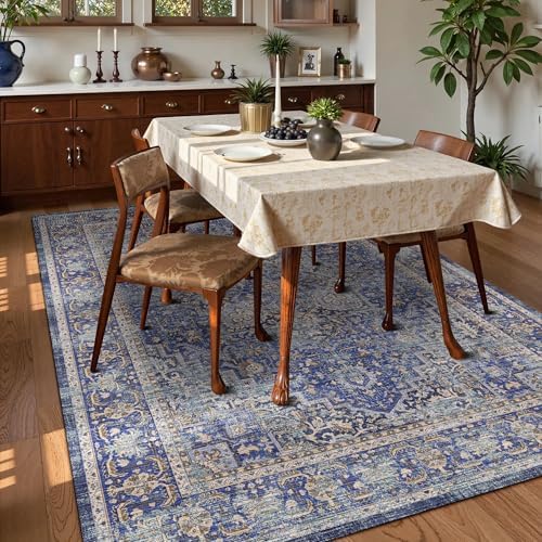 Washable Area Rug 8' x 10' Vintage Traditional Persian Mat - Foldable Distressed Non-Slip Machine Washable Carpet for Living Room Bedroom Kitchen Home Decor - Indigo and Gold - Image 3