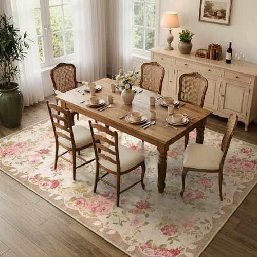 Lahome Floral Washable Rugs 5x7,Pink Vintage Rugs for Bedroom Girls - Image 3