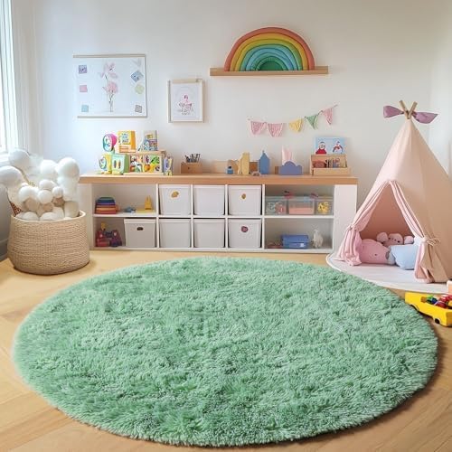 Sage Green Fluffy Round Rug Circle Area Rugs 4ft for Kids Teen Bedroom - Image 5