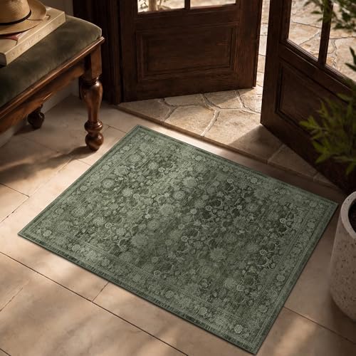 2x3 Washable Boho Entryway Area Rug Green Non-Slip Front Door Mat by LULLOSA