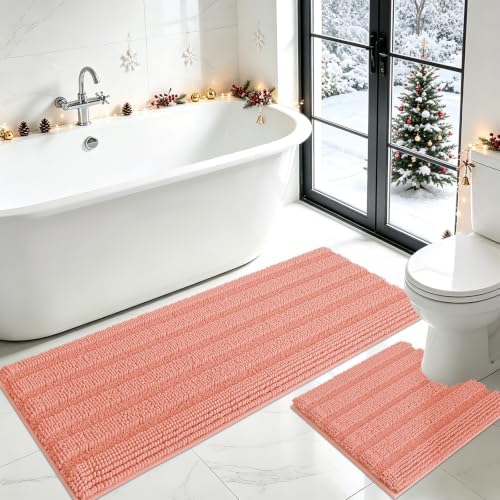 ACCUMTEK Striped Coral Toilet Bathroom Rug Mat Set 2 piece Rug Ultra Soft, Non Slip Chenille Bath Rugs, Absorbent Plush Shaggy Bath Mats for Bathroom, Bedroom, Kitchen, Shower, Tub by ACCUMTEK