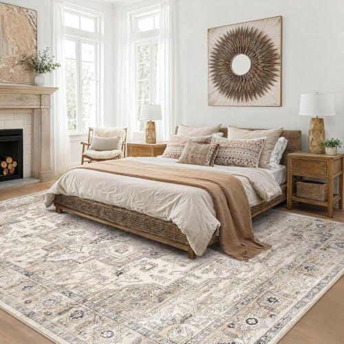 7x10 Area Rug: Washable Vintage Tea Brown Rugs for Living Room by ZUNTKON