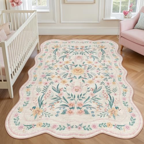 Pink Floral Rug 4X6 for Girls Bedroom or Nursery, Scalloped Cottagecore Washable Non-Slip Area Rug, Cute Soft Boho Carpet for Kids Room, Dorm, or Playroom by Dadasgk