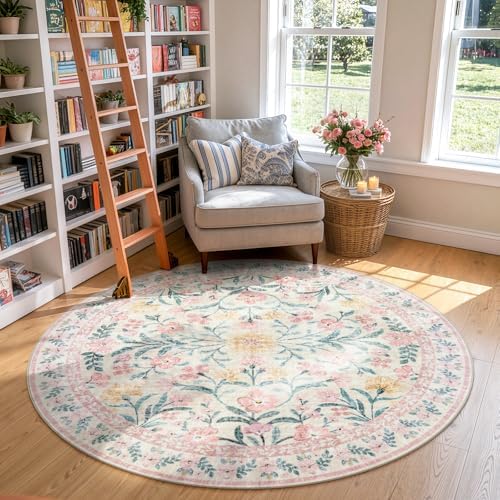 Lahome Pink 6ft Round Rug, Soft Circle Floral Rug for Tween Girls Bedroom - Image 2