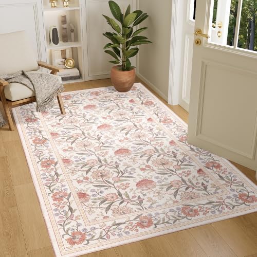 DUKINO 4x6 Area Rug, Washable Vintage Floral Rug for Living Room Beige Pink by DUKINO