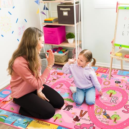Terrug Education Kids Rug for Classroom, Washable ABC Play Rugs 4x6 Pink - Image 4