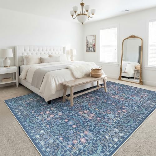 Blue Floral Living Room Rug 5x7 Area Rug - Vintage Forest Washable Rug for Dining Room, Bedroom, Ultra Soft Low Pile Non Slip Stain Resistance Distressed Boho Farmhouse Flower Carpet - Image 3