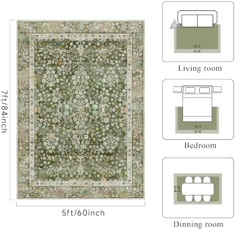 Vintage 5x7 Area Rugs Washable: Sage Green Botanical Rug for Living Room - Image 2
