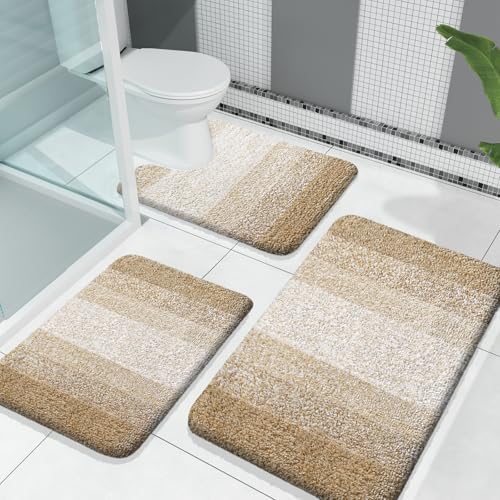 OLANLY Microfiber Bathroom Rugs Sets 3 Piece, Absorbent Bath Mats, Tan by OLANLY