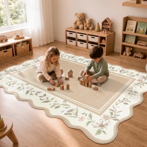 Lahome Kids Rugs for Playroom 5x7, Beige Scalloped Area Rug - Image 3