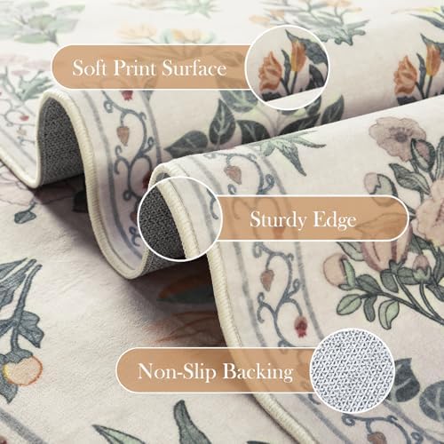 Wonnitar 5x7 Rug for Bedroom Decor, Washable Nursery Rug for Baby, Neutral Ultra-Thin Non Slip Floral Print Carpet for Kids Room Farmhouse Living Room Office, Cream Beige - Image 5