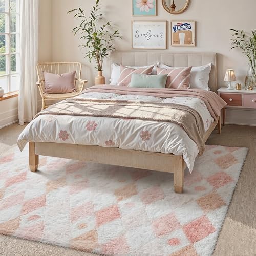 PureCozy Pink 5x8 Area Rug for Living Room Soft Checkered Shag Carpet - Image 3