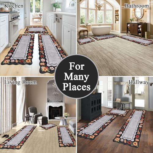 Vaukki Boho Kitchen Rug Sets of 3,Flower Black Washable Kitchen Floor Mat - Image 4