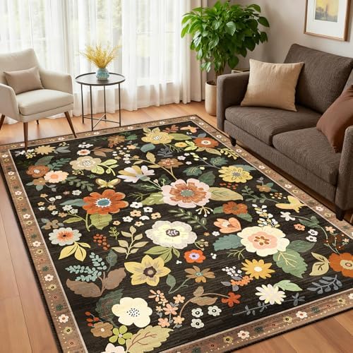 RELEANY Floral Washable 3x5 Area Rugs Black/Yellow - Image 6