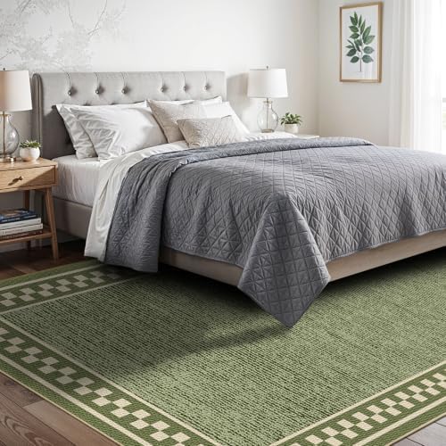 Faux Linen Washable Rug Smooth Breathable Floor Mat 5x10 Green - Image 2