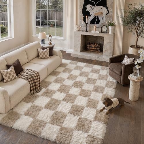 PureCozy Beige 7x10 Area Rug for Living Room Soft Checkered Shag Carpet - Image 3