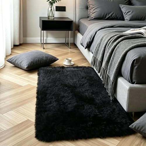 Black Fluffy Shag Rug, 2'x3', Machine Washable Non Slip Plush Floor Carpet by KICHOWUA