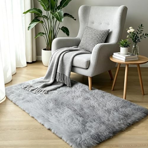 Tie-Dye Light Grey Shag Rug, 2'x3', Washable Non Slip Fluffy Kids Carpet - Image 6