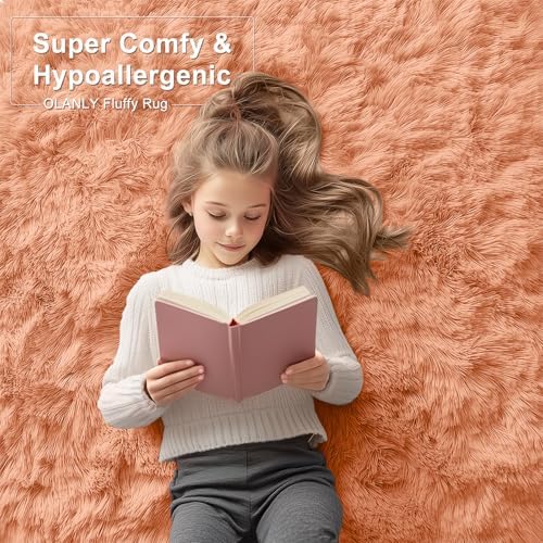 OLANLY 2x5 Machine Washable Runner Rugs for Hallway, Soft Fluffy Shaggy Bedside Rugs for Bedroom, Living Room, Indoor Floor Carpet for Kids Girls and Boys, Home Decor Aesthetic, Muted Orange - Image 6