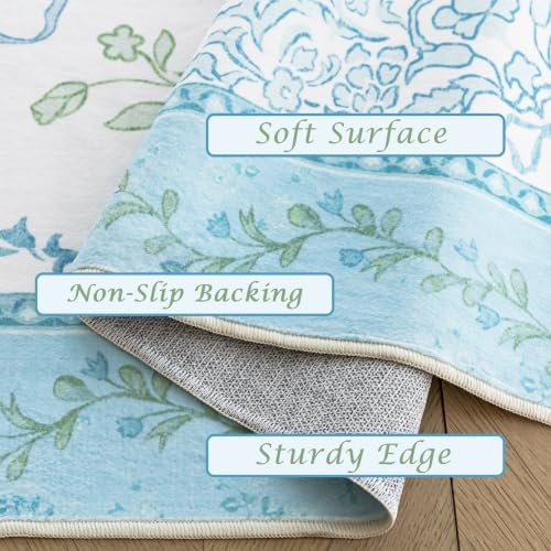 Blue and Green Floral Rug, Light Blue Preppy Rug for Nursery Girls Room Dorm, Washable French Country Cottage Core Shabby Chic Bow Grand Millenial Scalloped Area Rug, 5x7, Baby Blue and White - Image 6