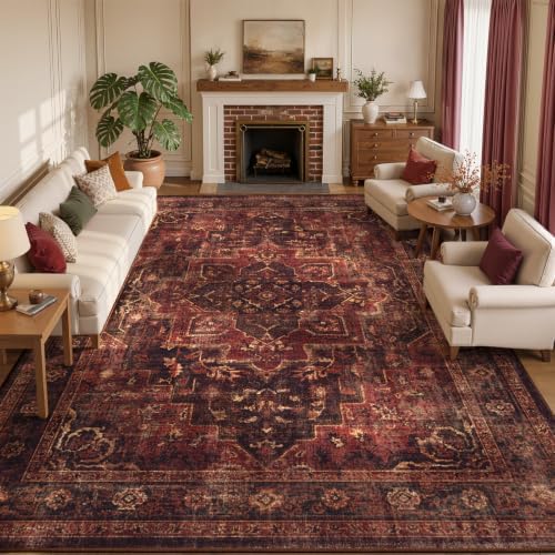 Washable Area Rug 10'x12' Living Room, Vintage Medallion, Dark Red by Jainmy